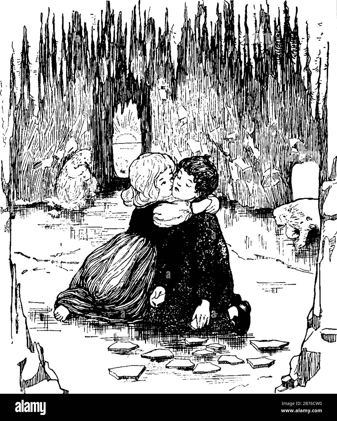 Una bambina che bacia il ragazzino su pulcini, orsi sullo sfondo, disegno di linea vintage o illustrazione dell'incisione Illustrazione Vettoriale