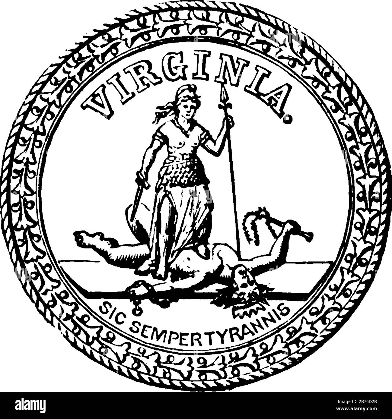 Sigillo del commonwealth della Virginia, 1875, questo sigillo ha in piedi femmina ha tenuto la sua una gamba su un uomo caduto, una lancia nella sua mano sinistra, e spada Illustrazione Vettoriale