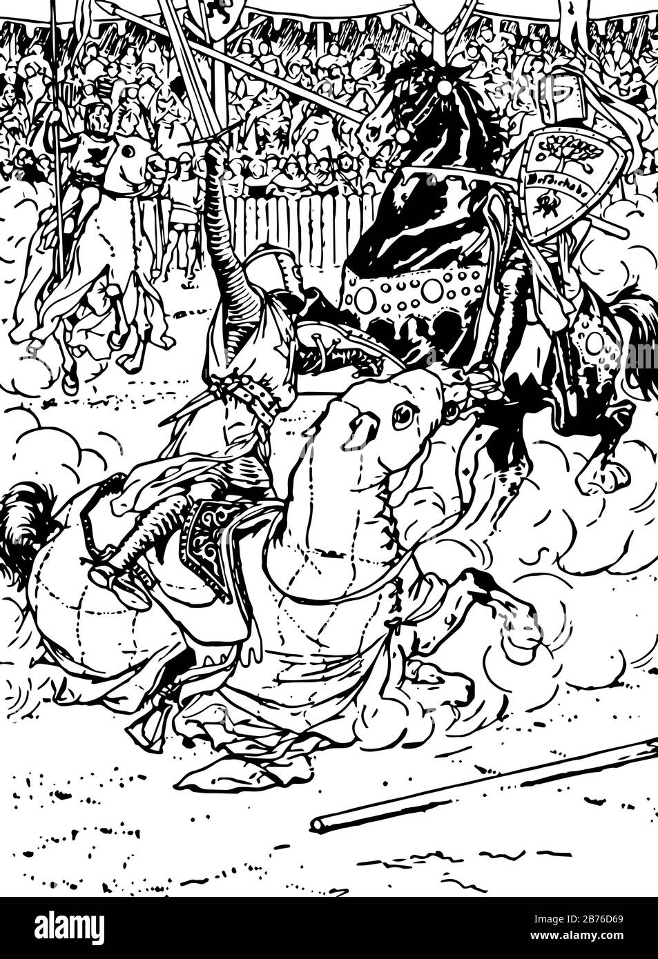 Due cavalieri di cavallo che lottano con scudi e spade, e un'altra gente che li guarda, disegno di linea vintage o illustrazione di incisione Illustrazione Vettoriale