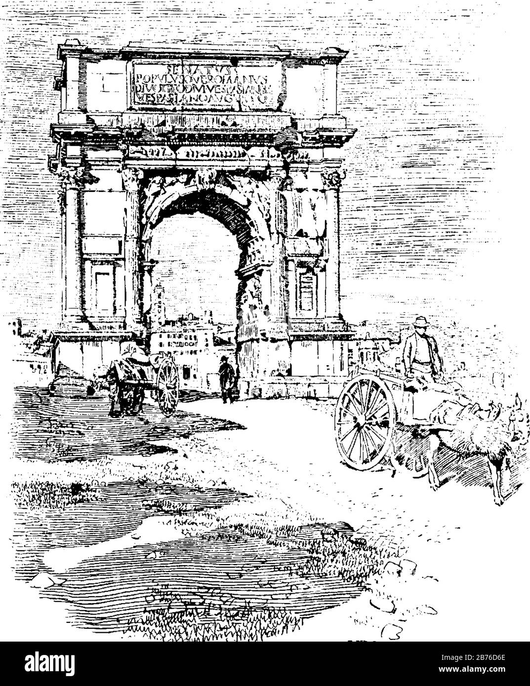 Arco di Tito, al tempo di Traiano, il Colosso di Nerone, si trovava vicino al sito ora occupato, disegno linea vintage o incisione illustrazione. Illustrazione Vettoriale