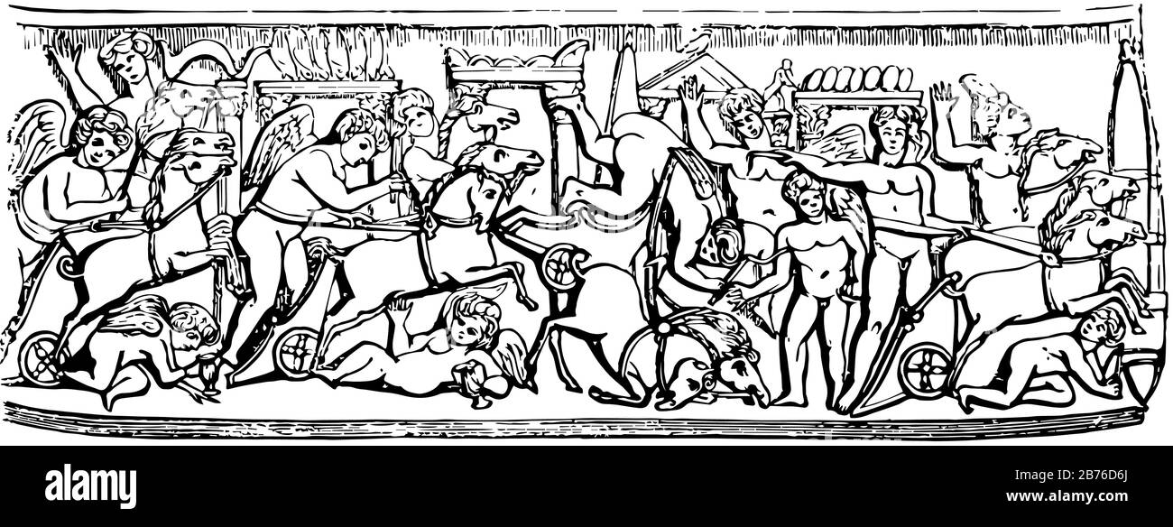 Circus, un antico bassorilievo, il diametro minimo che ha permesso ad un cavaliere acrobatico, altre abilità e stili d'arte dello spettacolo, linea vintage drawi Illustrazione Vettoriale