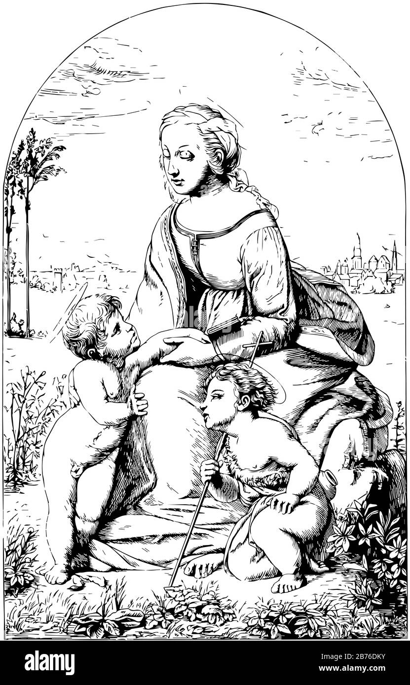 La Belle Jardiniere sono tratti dal dipinto di Raffaello, linea d'epoca disegno o incisione illustrazione. Illustrazione Vettoriale