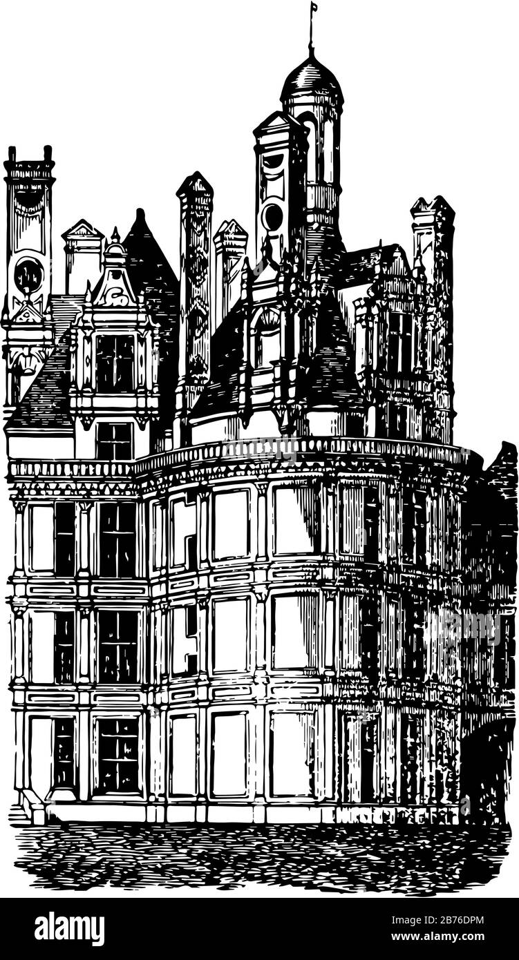 Castello di Chambord, uno dei più riconoscibili chteaux, strutture rinascimentali classiche, architettura rinascimentale francese, linea vintage disegno o Illustrazione Vettoriale