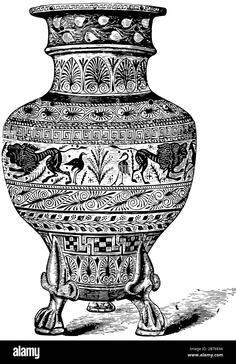 Fettile Vase Design in nero su un terreno di granchio, è un vaso greco, un disegno linea vintage o un'illustrazione per incisione. Illustrazione Vettoriale