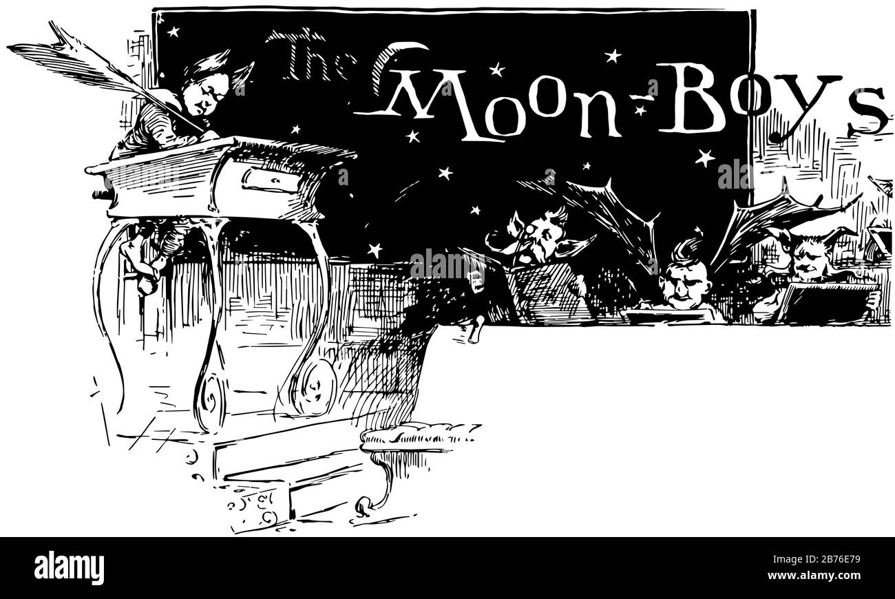 Moon Boys, questa scena mostra i ragazzi nella scuola, un ragazzo sta scrivendo e un ragazzo ha ali d'uccello, linea vintage disegno o incisione illustrazione Illustrazione Vettoriale