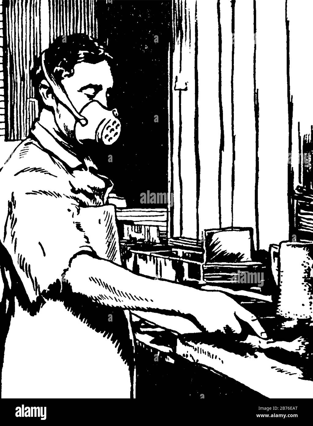 Questa illustrazione rappresenta un operaio che indossa un boccaglio per proteggersi dalla polvere, dal disegno di linea vintage o dall'illustrazione dell'incisione. Illustrazione Vettoriale