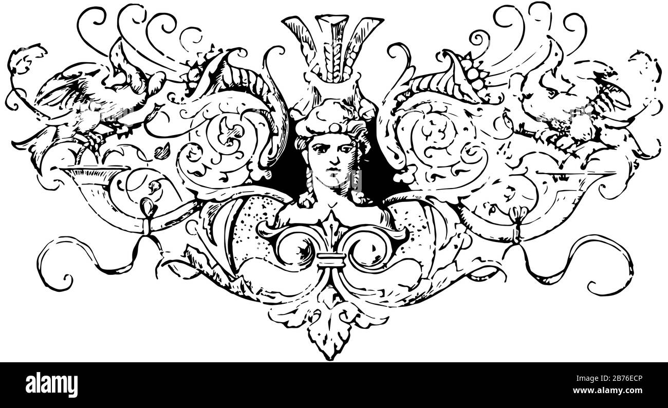 Disegno dell'uomo con un busto al centro, un volto al centro delle foglie e del disegno dell'uccello, disegno o incisione della linea d'epoca. Illustrazione Vettoriale Disegno dell'uomo con un busto al centro, un volto al centro delle foglie e del disegno dell'uccello, disegno o incisione della linea d'epoca. Illustrazione Vettoriale