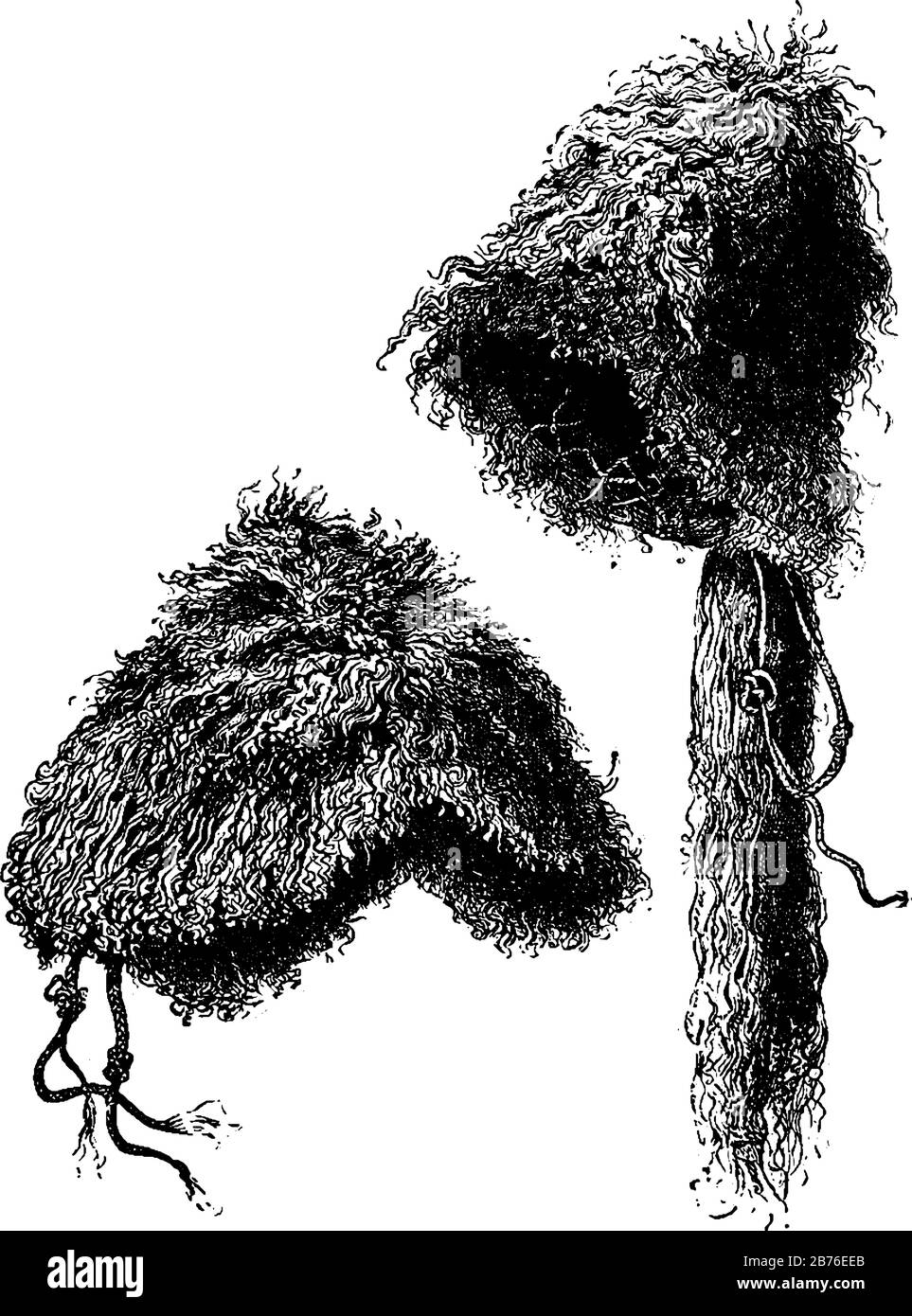 Parrucche usate da antiche tribù in Africa, disegno di linea vintage o illustrazione di incisione. Illustrazione Vettoriale