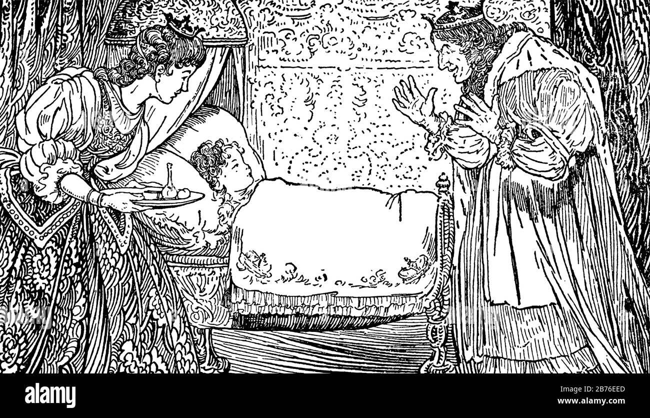 Un bambino che dorme sul letto, il re e la regina che si levano in piedi vicino al letto e che guardano il bambino, la regina che tiene il piatto del cibo, il disegno della linea vintage o l'incisione il Illustrazione Vettoriale