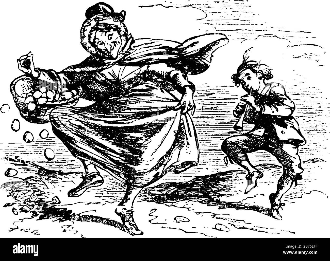 Tom, Tom, il figlio del Piper usò la sua pipa e la sua gamba, le sue colline e lontano e il vento mi soffierà il top-knot off, vintage linea disegno o incisione male Illustrazione Vettoriale