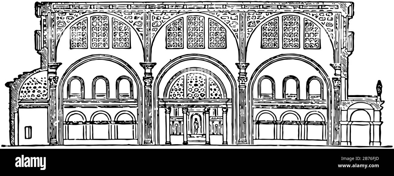 Basilica di Costantino, Sezione della Basilica di Massenzio, Tempio della Pace, un antico edificio nel Foro Romano, disegno o incisione vintage Illustrazione Vettoriale