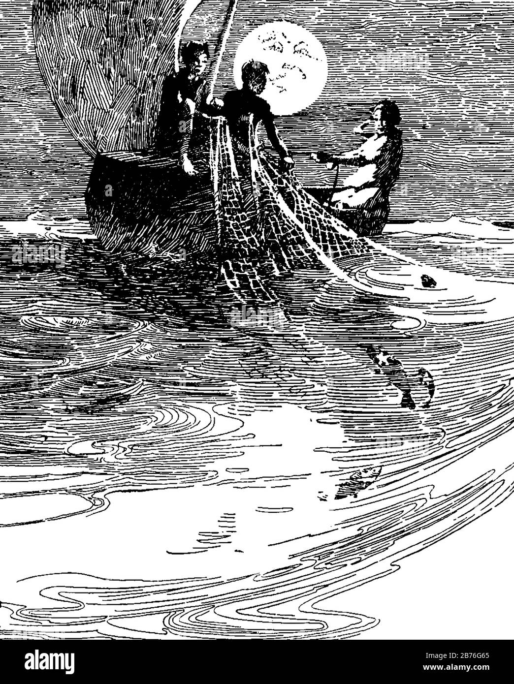 Tre persone in barca in acqua cattura pesci con rete da pesca, luna sullo sfondo, linea d'epoca disegno o incisione illustrazione Illustrazione Vettoriale