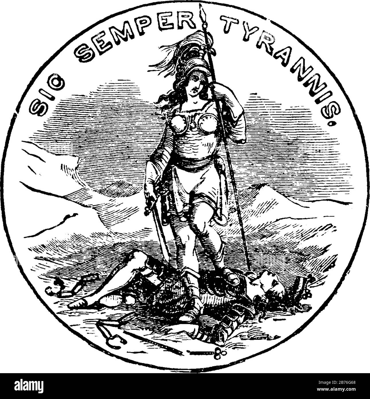 Il sigillo ufficiale dello stato della Virginia degli Stati Uniti nel 1889, questo sigillo a forma di cerchio ha in piedi femmina ha mantenuto la sua una gamba su un uomo caduto, una lancia dentro Illustrazione Vettoriale