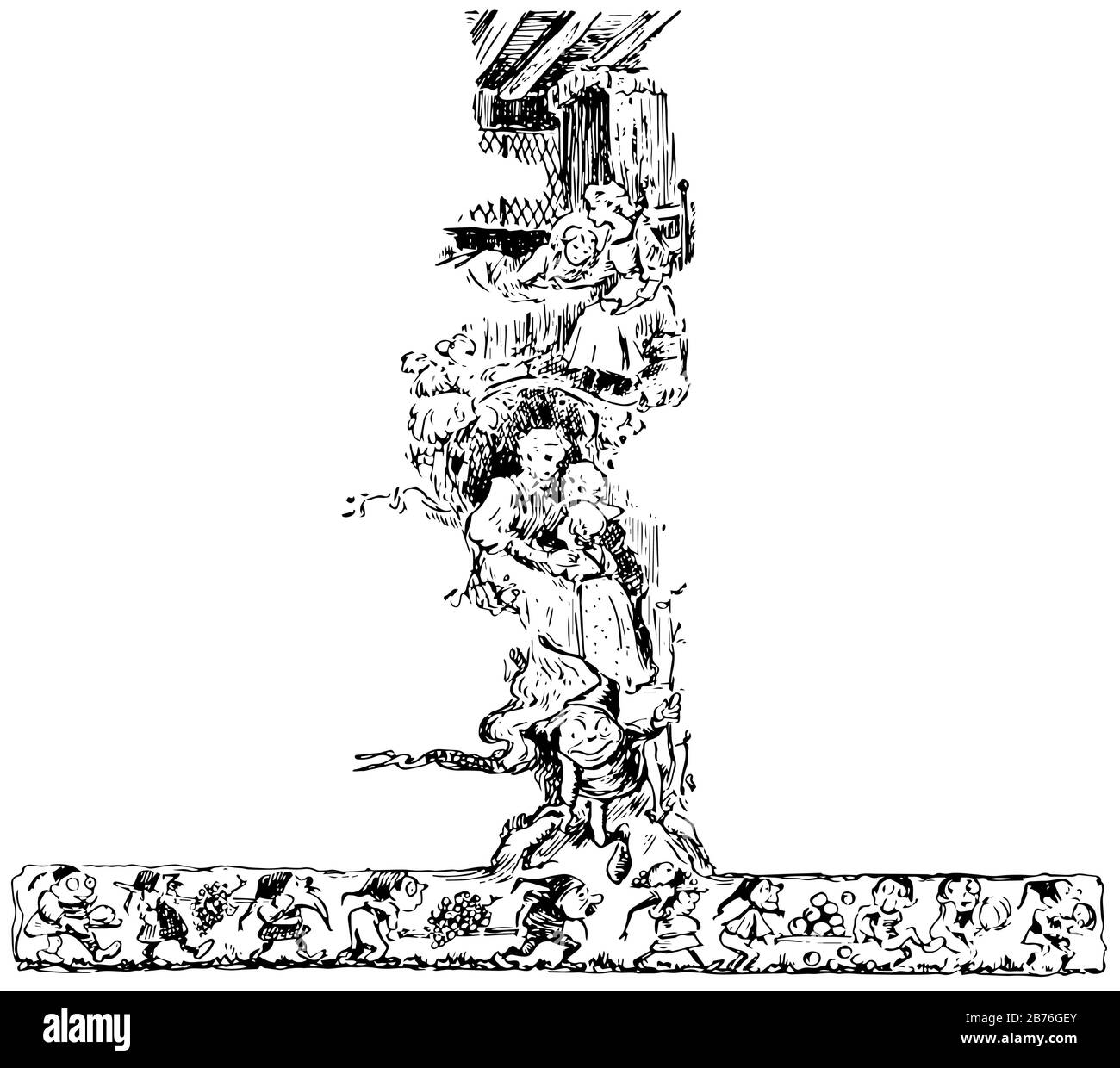 Goblins arte nel design a forma di T, disegno a linea vintage o illustrazione dell'incisione. Illustrazione Vettoriale