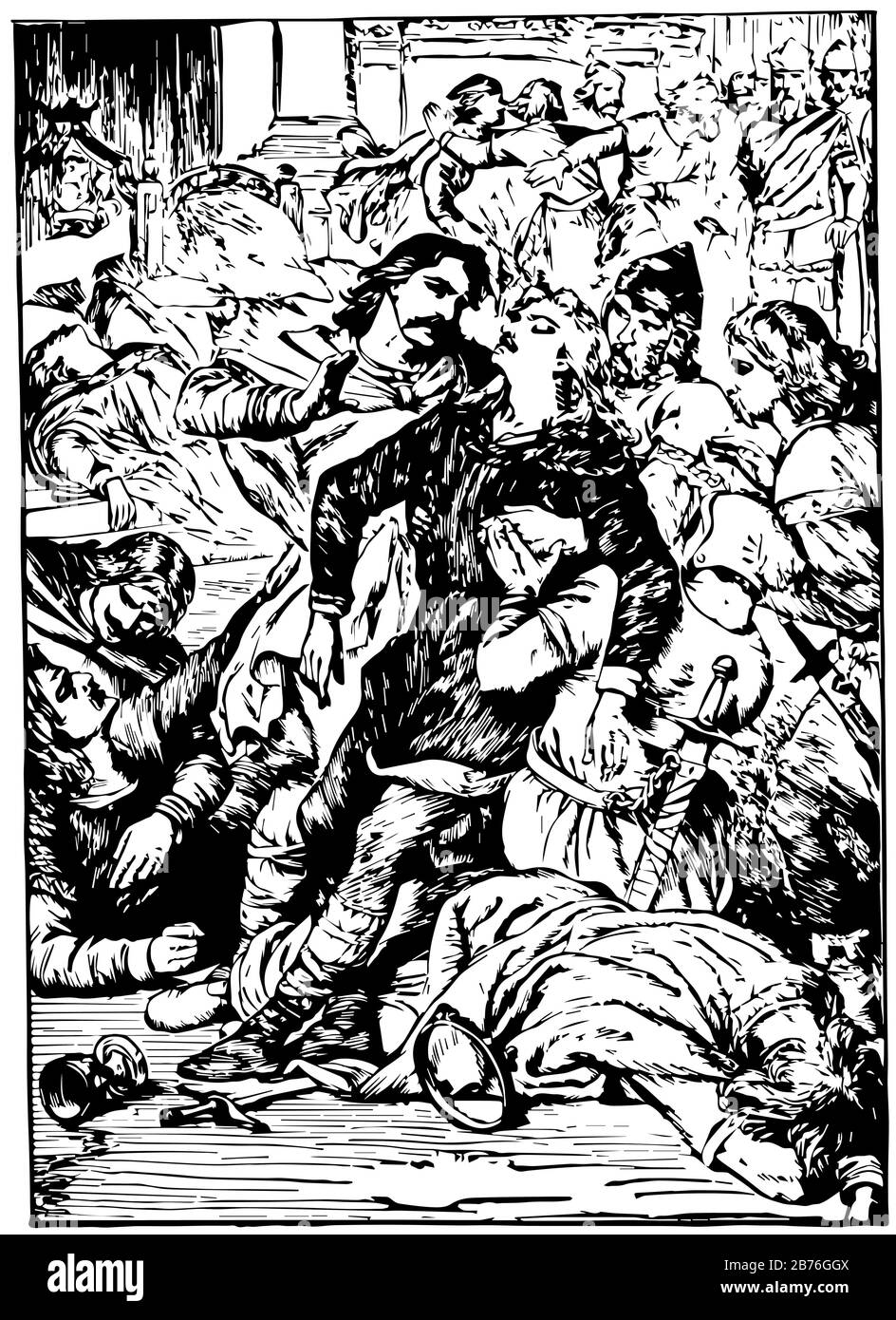 Morte di Amleto, questa scena mostra la morte di uomini e soldati che tengono il suo corpo morto in mano, spada e vetro a terra, linea vintage disegno o incisioni Illustrazione Vettoriale