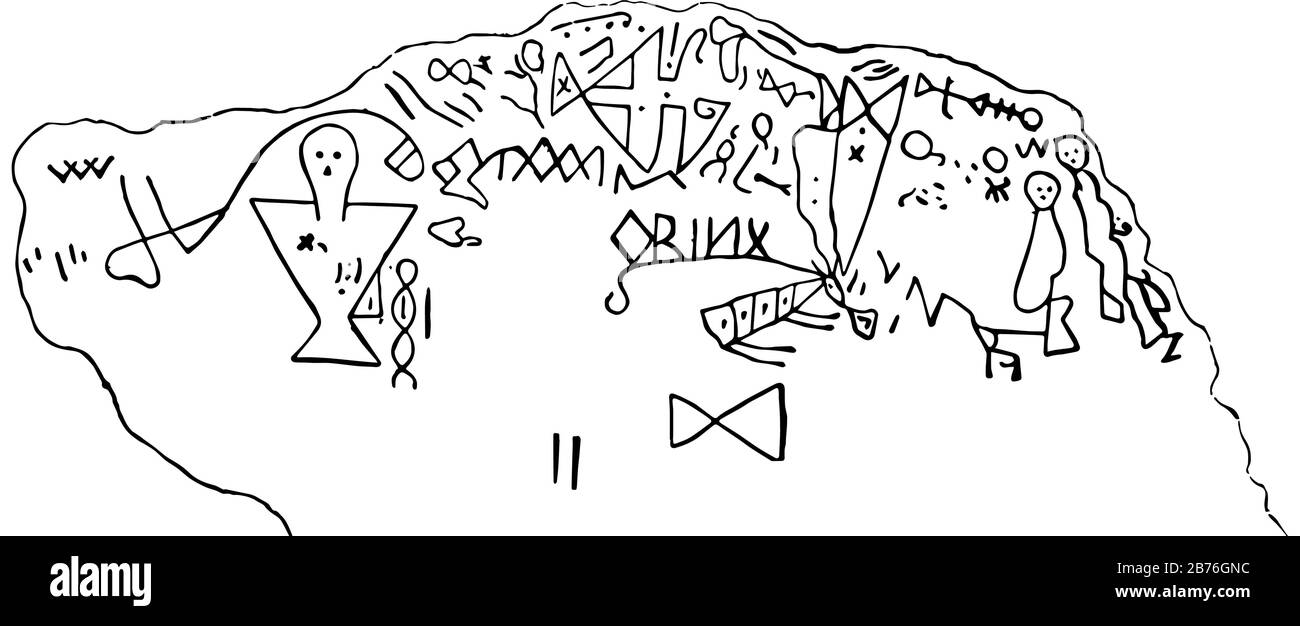 Dighton Rock Iscrizioni VI è un sito archeologico a Danyor, linea d'epoca disegno o incisione illustrazione. Illustrazione Vettoriale