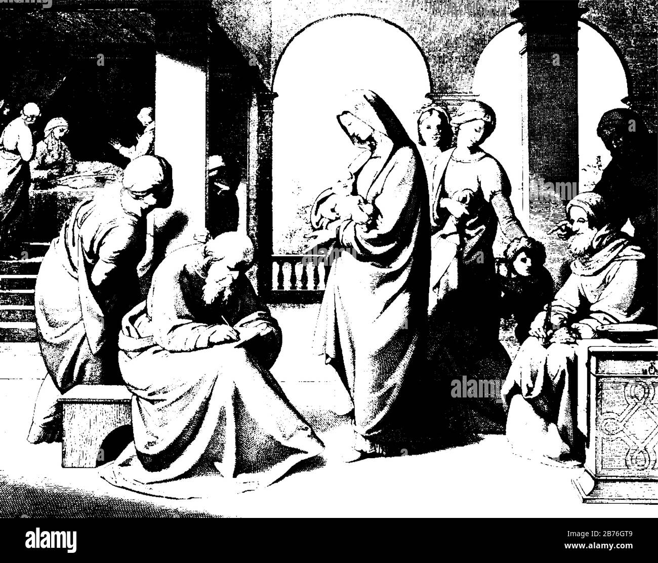 Il Naming of St. John è un dipinto di Johann Overbeck, disegno a linee d'epoca o illustrazione dell'incisione. Illustrazione Vettoriale