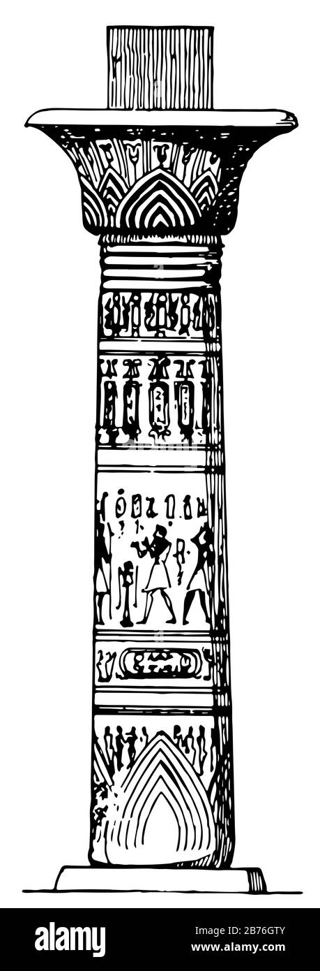 Colonna Egiziana, antica, Egitto, colorato, raffigurazioni, scolpito, rilievo, dipinto, linea d'epoca disegno o incisione illustrazione. Illustrazione Vettoriale