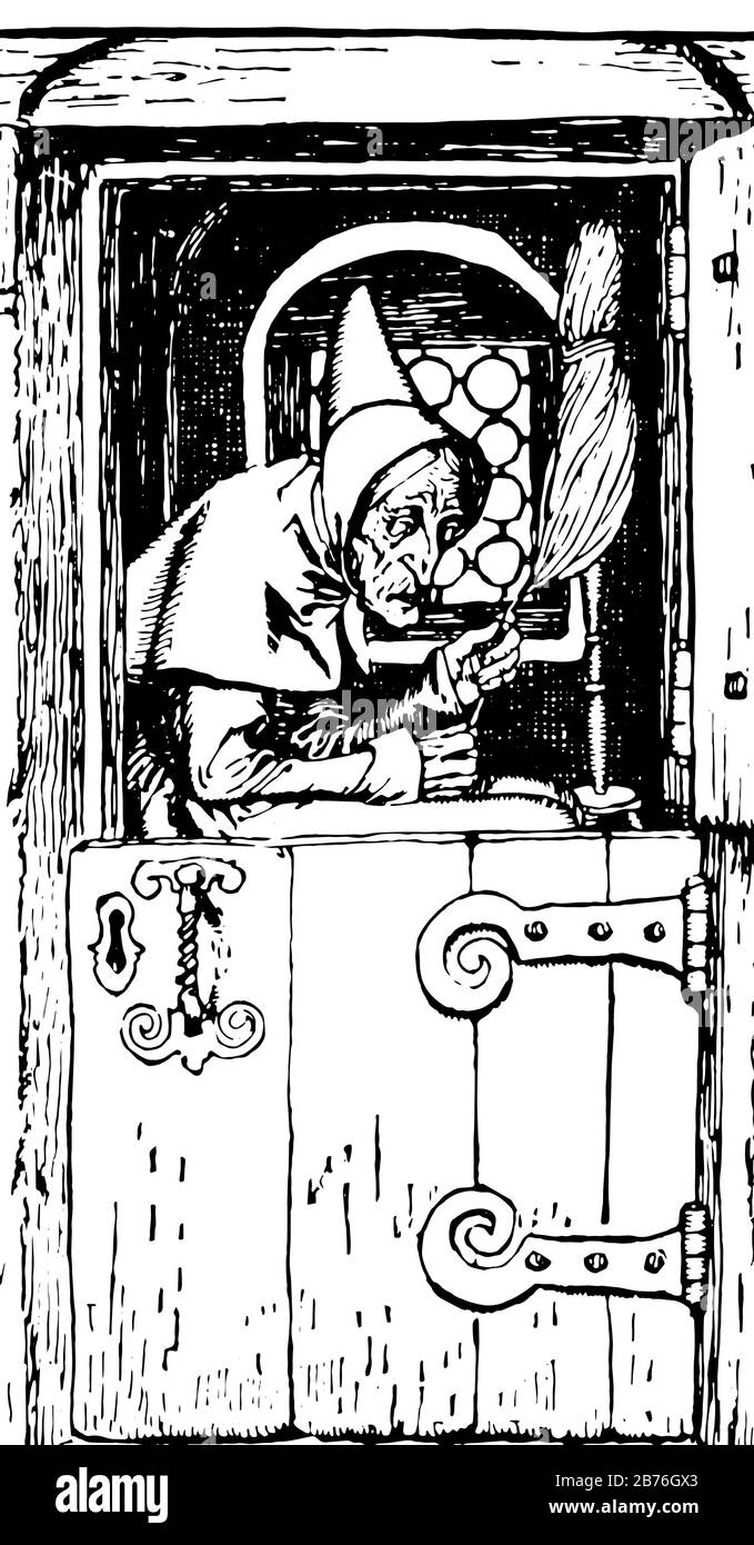 Vecchia donna, questa immagine mostra vecchia donna in porta filatura lino, vintage linea disegno o incisione illustrazione Illustrazione Vettoriale