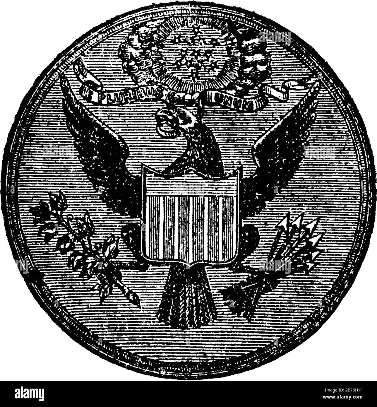 L'Aquila è una moneta d'oro degli Stati Uniti, questo sigillo a forma di cerchio ha ampie ali aquila con motto e PLURIBUS UNUM ha scudo al suo petto, e l'hol Illustrazione Vettoriale