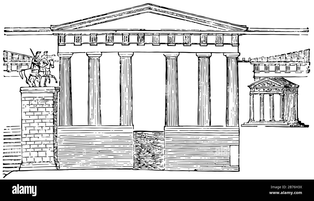 Propylea restaurato, Tempio di Nike Apteros, piedistallo di Agrippa, strada che conduce all'ingresso centrale, ingresso centrale, Illustrazione Vettoriale