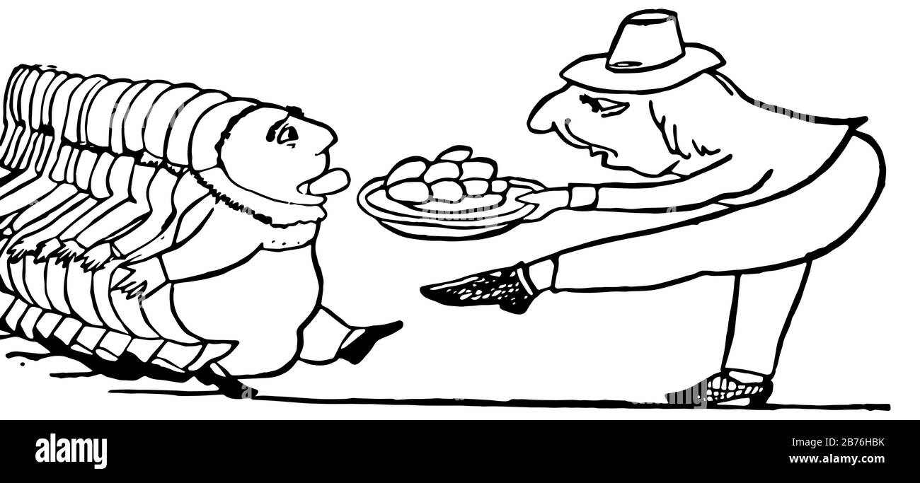 Rhymes di Edward Lear, questa scena mostra un uomo con cappello che alimenta i buns al ragazzo in piedi accanto a lui, uomo che tiene piatto in mano, linea vintage disegno o eng Illustrazione Vettoriale