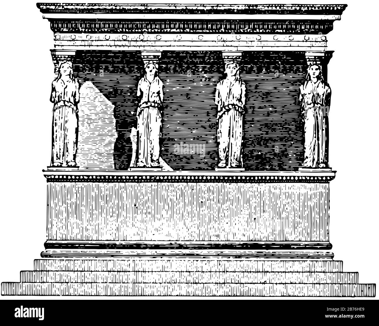 Portico coriatico, Tempio in acropoli, Greco antico, Periodo romano, del comandante turco, sorsero difficoltà tecniche, disegno di linea vintage o e. Illustrazione Vettoriale