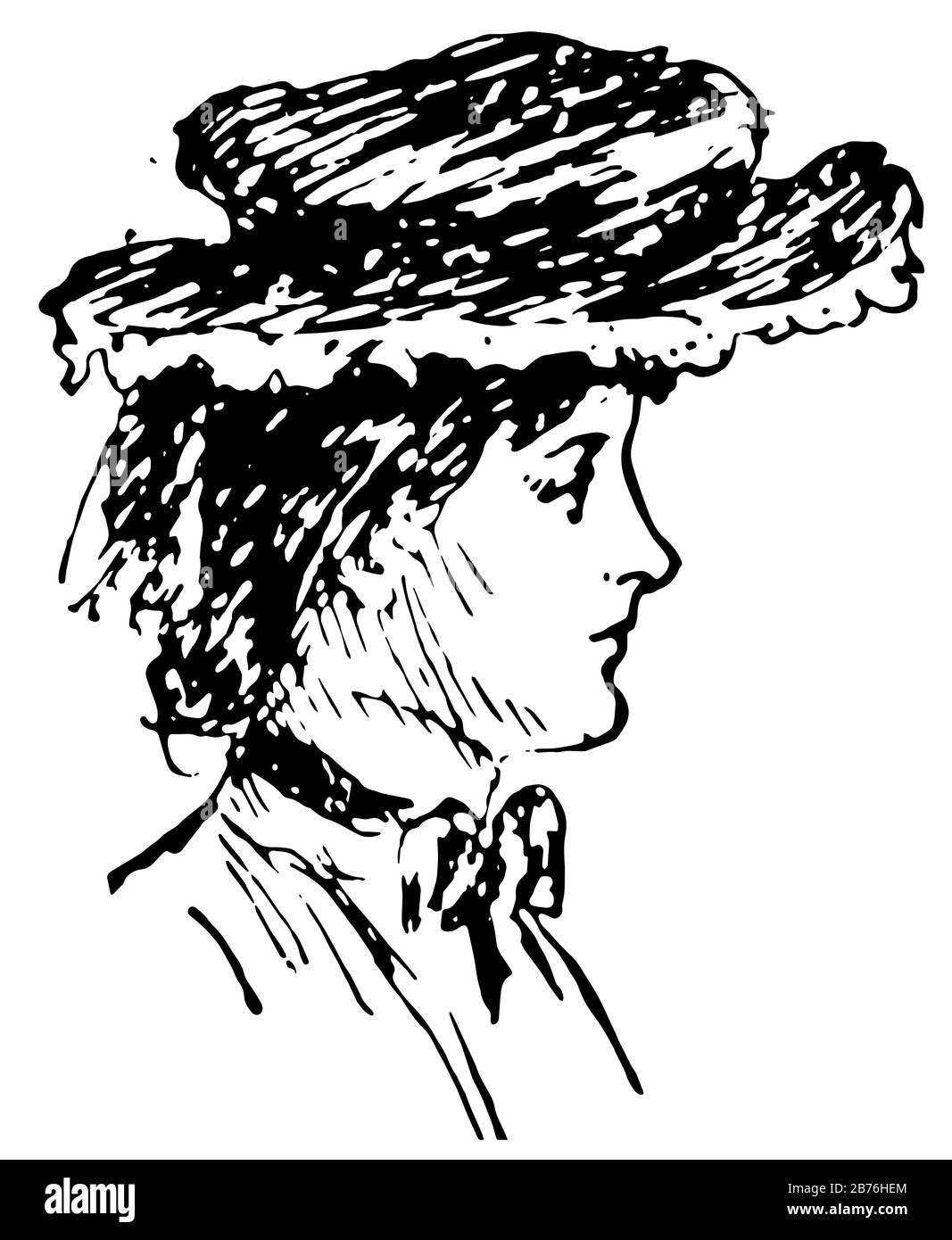 Profilo destro della faccia della donna con cappello in questa immagine, disegno di linea vintage o illustrazione di incisione. Illustrazione Vettoriale