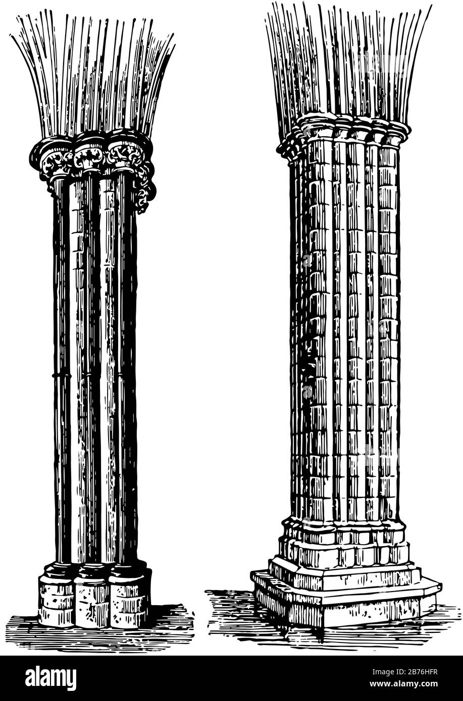 Colonne, tutore, palo, architettura, strutturale, ingegneria, disegno di linee vintage o illustrazione di incisioni. Illustrazione Vettoriale