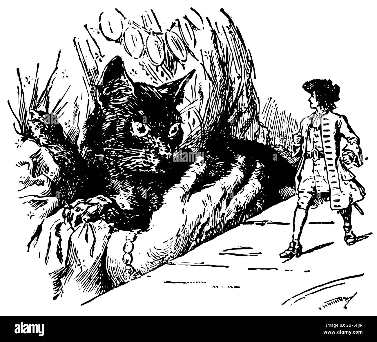 Gulliver e Giant Cat, questa scena mostra un uomo in piedi sul tavolo e guardando il gatto gigante in grembo di donna, vintage linea disegno o incisione illustrati Illustrazione Vettoriale