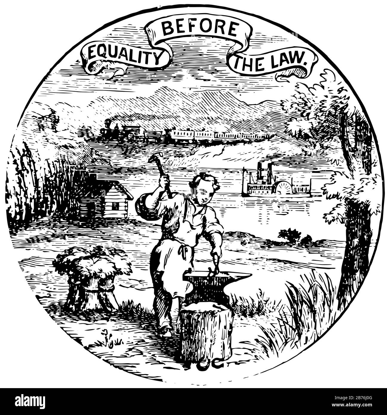 Il sigillo ufficiale dello stato del Nebraska degli Stati Uniti nel 1889, questo sigillo ha treno e montagne sullo sfondo, ha anche opere di fabbro al suo anvi Illustrazione Vettoriale