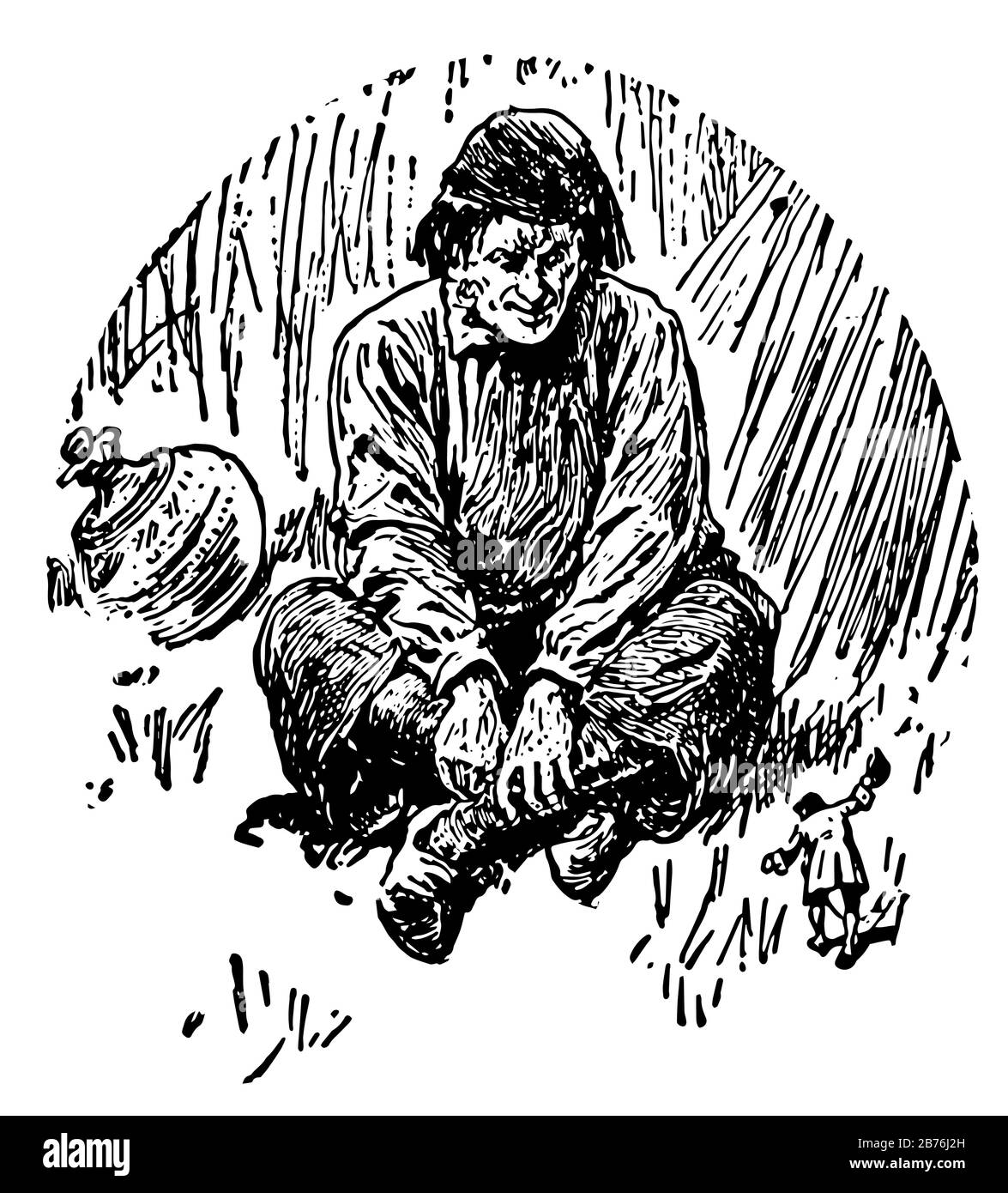 Uomo Seduto con Le Gambe Incrociate, questa immagine mostra un uomo gigante seduto con le gambe incrociate parlando al piccolo uomo in piedi davanti a lui, linea vintage Illustrazione Vettoriale