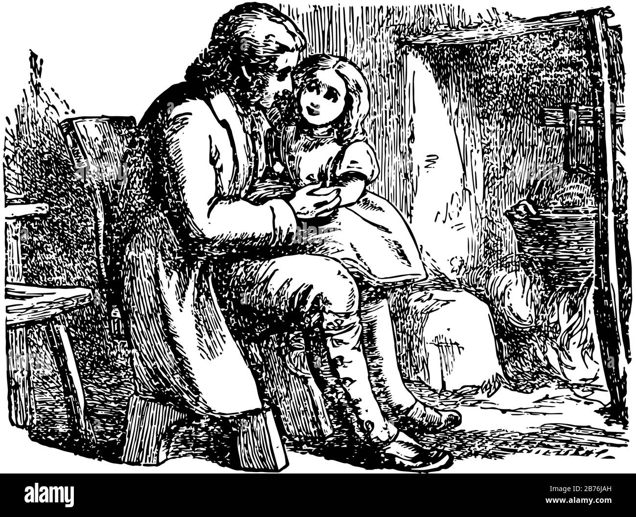 IB e Little Christina, questa scena mostra un uomo seduto su sedia con bambina, linea vintage disegno o incisione illustrazione Illustrazione Vettoriale