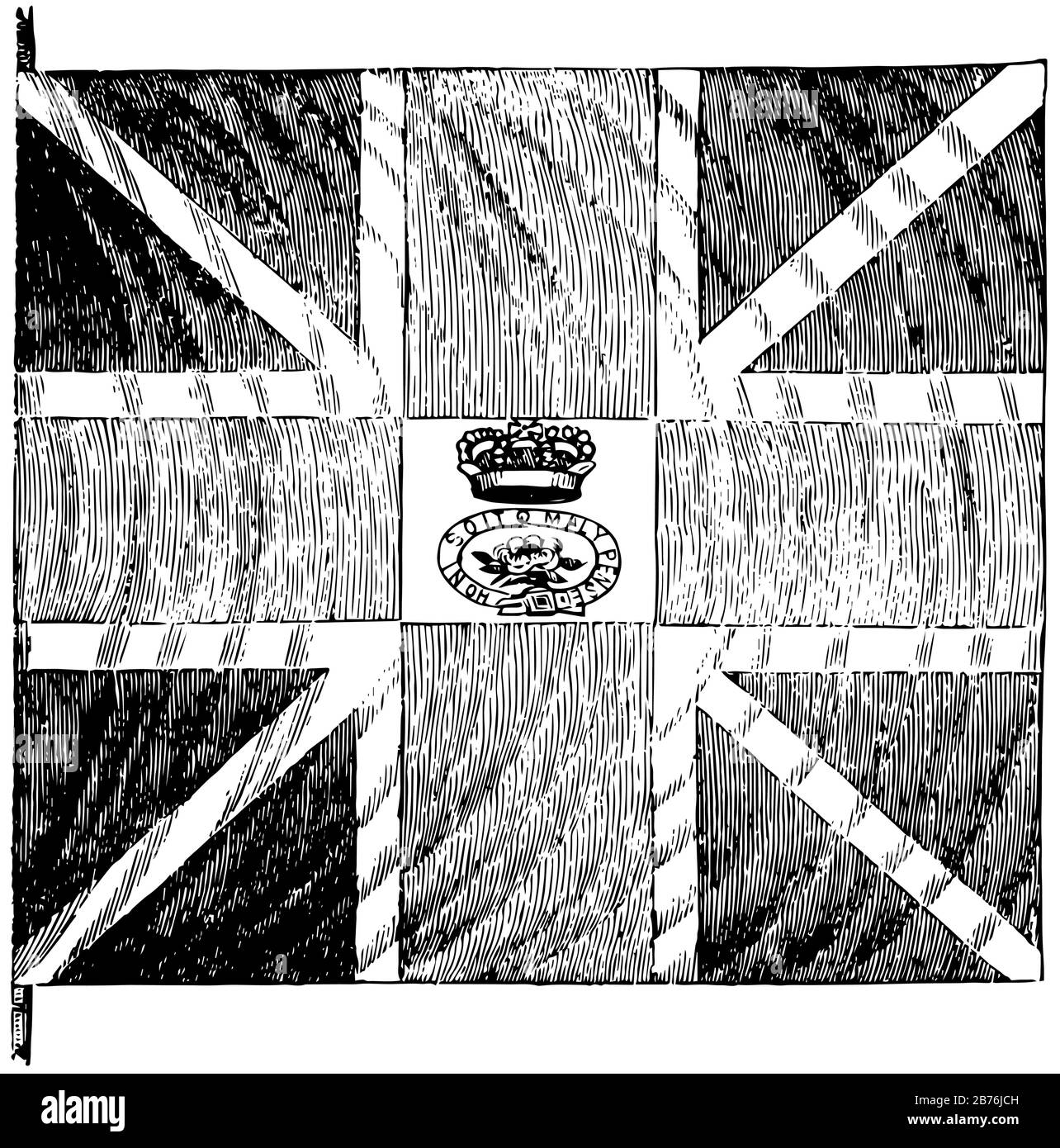 Bandiera britannica, questa bandiera ha croce scura con linee verticali sovrapposte al pneumatico, al centro ha corona e una garter con iscrizione HONI SOI Illustrazione Vettoriale