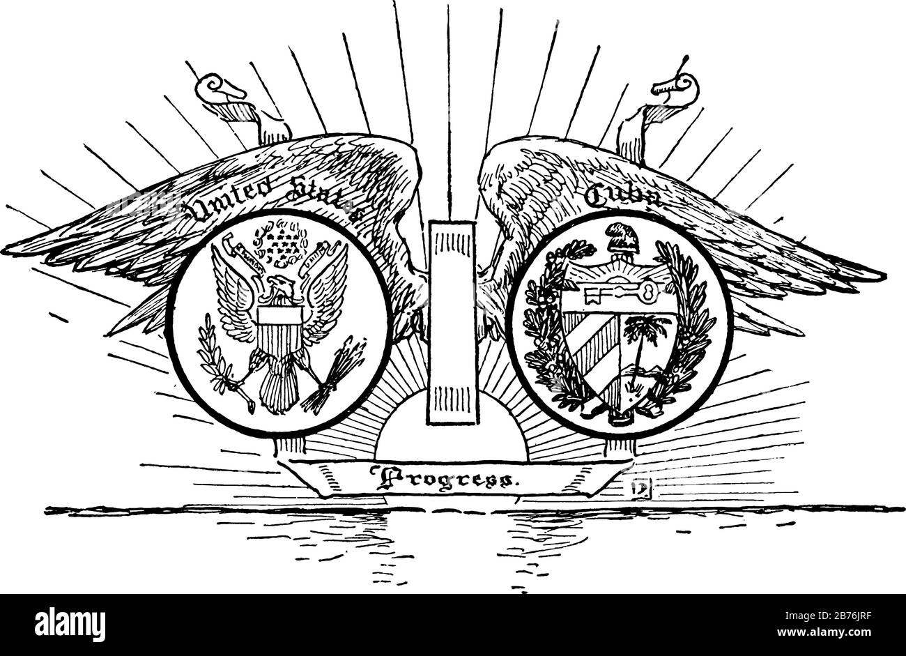 Il sigillo degli Stati Uniti e Cuba, questo sigillo mostra due ali con cerchio, un'ala ha sigillo degli stati Uniti e un'altra ala ha sigillo di Cuba, P. Illustrazione Vettoriale