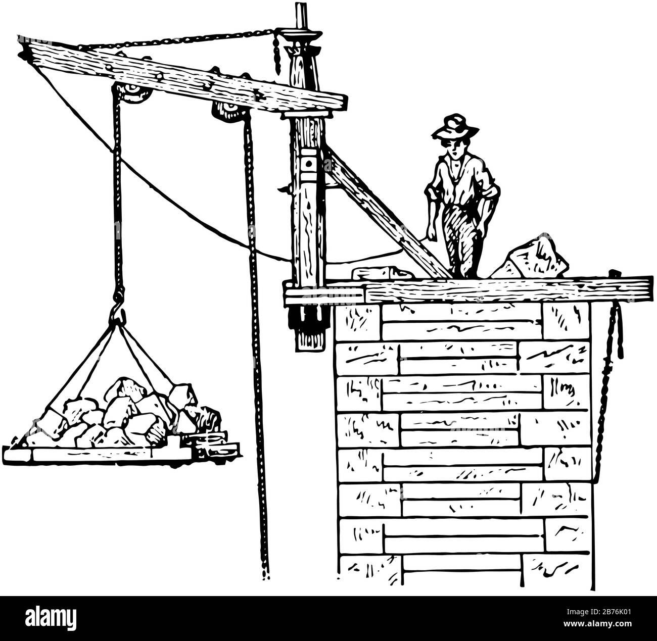 Questa illustrazione rappresenta la gru Di Appoggio che viene utilizzata nella costruzione di moli e torri, nel disegno di linee vintage o nell'illustrazione di incisioni. Illustrazione Vettoriale