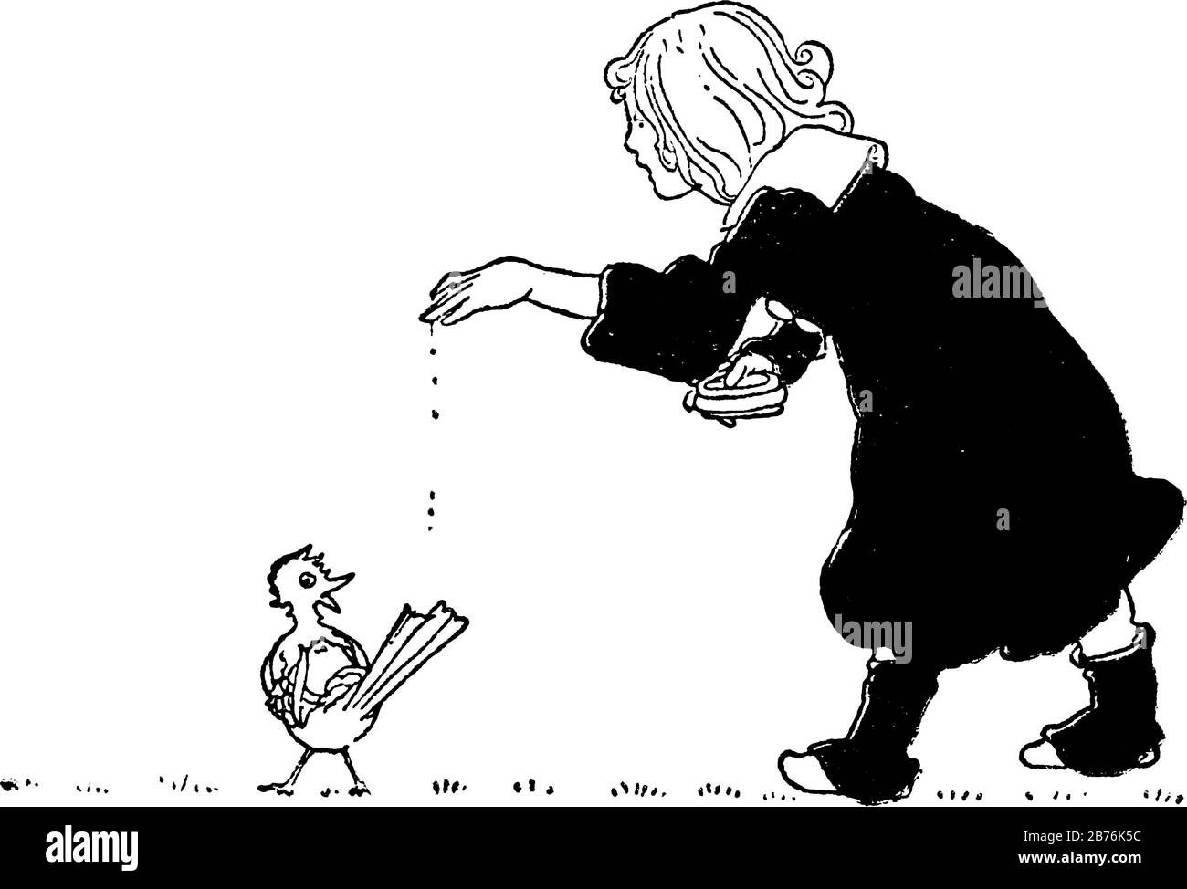 Una bambina che alimenta un uccello, linea vintage disegno o incisione illustrazione Illustrazione Vettoriale