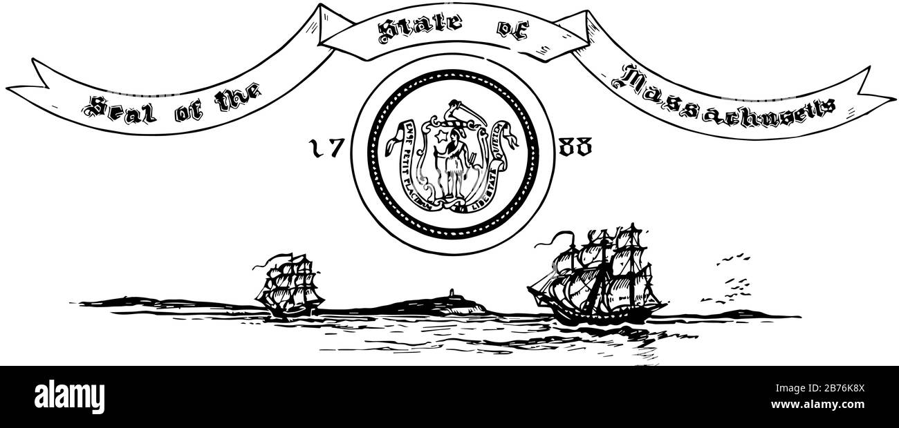 Il sigillo degli Stati Uniti del Massachusetts nel 1788, questo sigillo mostra un americano con arco e freccia, una stella vicino alla sua testa, sopra lo scudo un braccio piegato hol Illustrazione Vettoriale