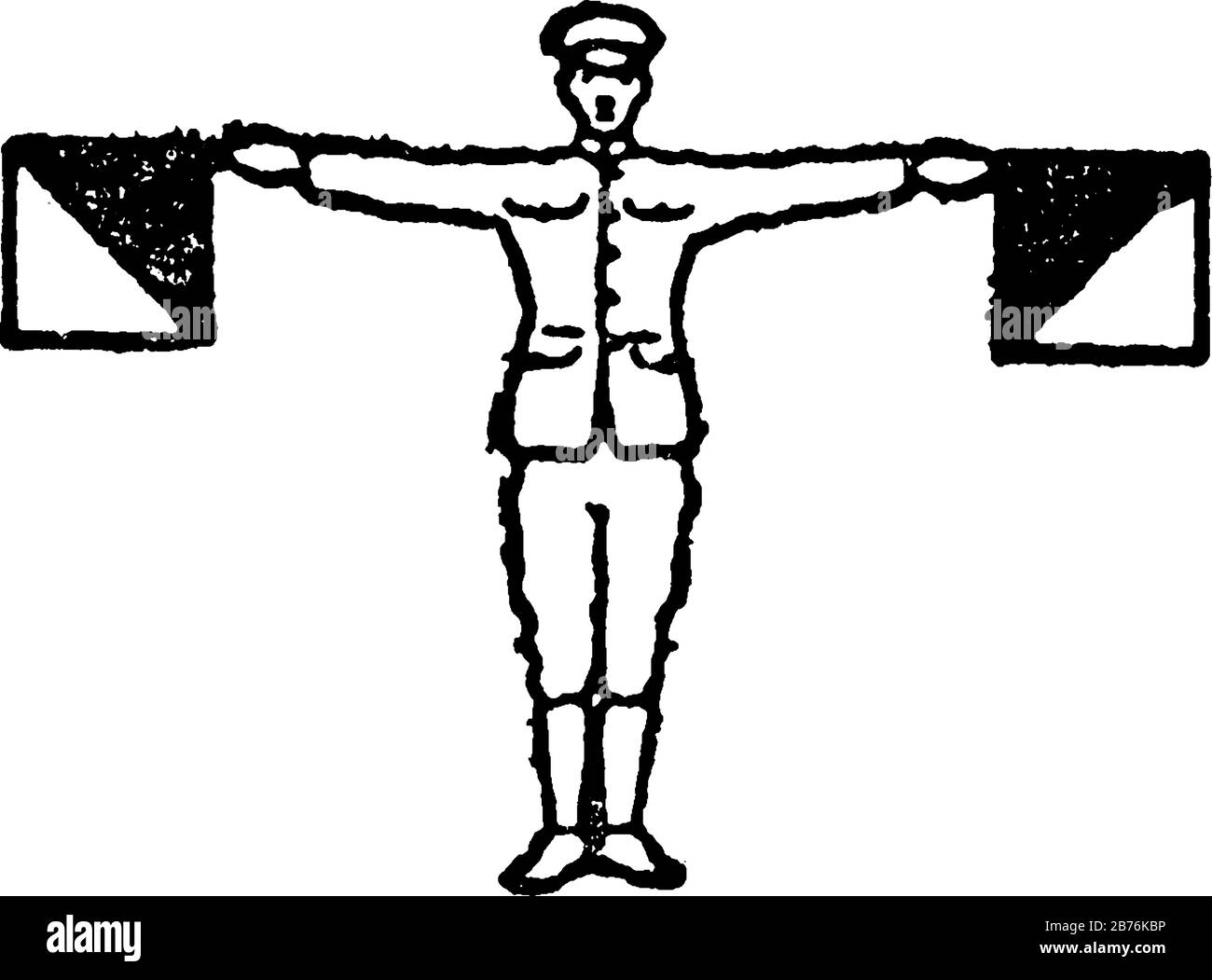 Segnale di segnalazione per la lettera R e per la conferma, un uomo in possesso di due bandiere, bandiera destra 90 gradi lato destro, bandiera sinistra 90 gradi SID sinistra Illustrazione Vettoriale