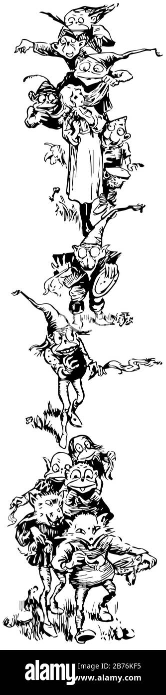 Goblins e una ragazza in questo frame design, linea vintage disegno o incisione illustrazione. Illustrazione Vettoriale