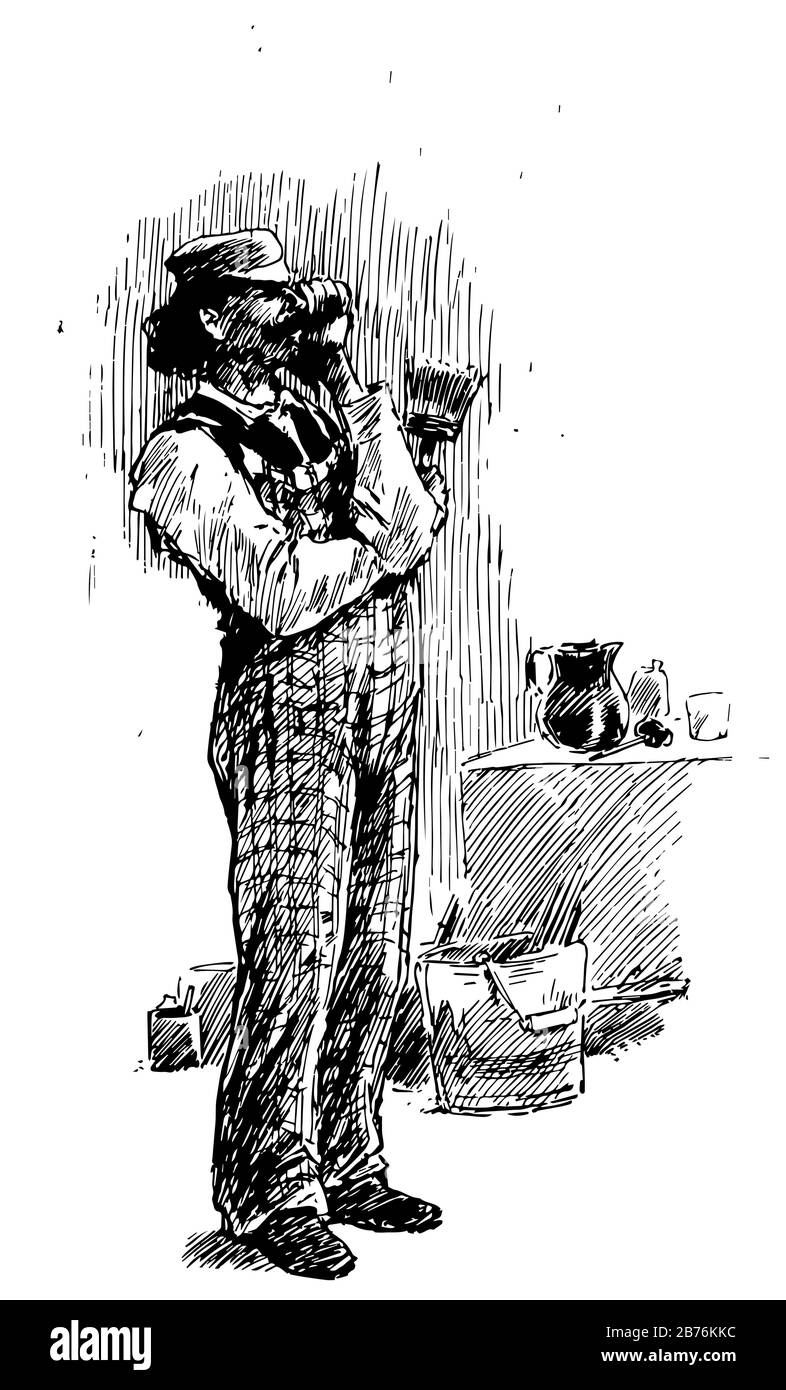 A Boy's Town, questa scena mostra un pittore che tiene spazzola in una mano e secchi di vernici su terra, vaso e vetro tenuti sul tavolo, e linea vintage disegnare Illustrazione Vettoriale