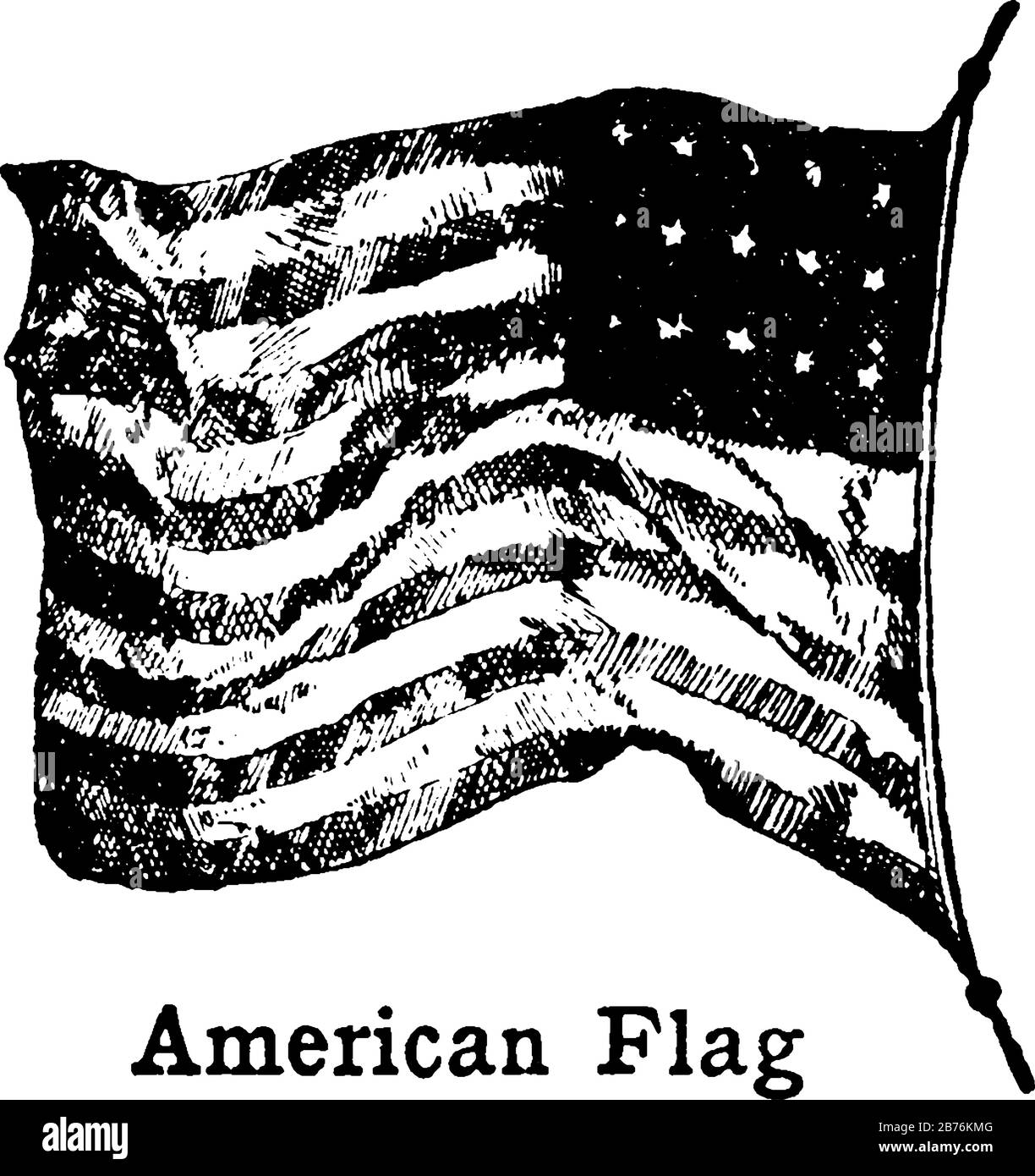 Immagine della vecchia bandiera americana su un palo della bandiera, questa bandiera ha strisce orizzontali che si alternano nero e bianco, stelle in alto a destra, linea vintage disegnare Illustrazione Vettoriale