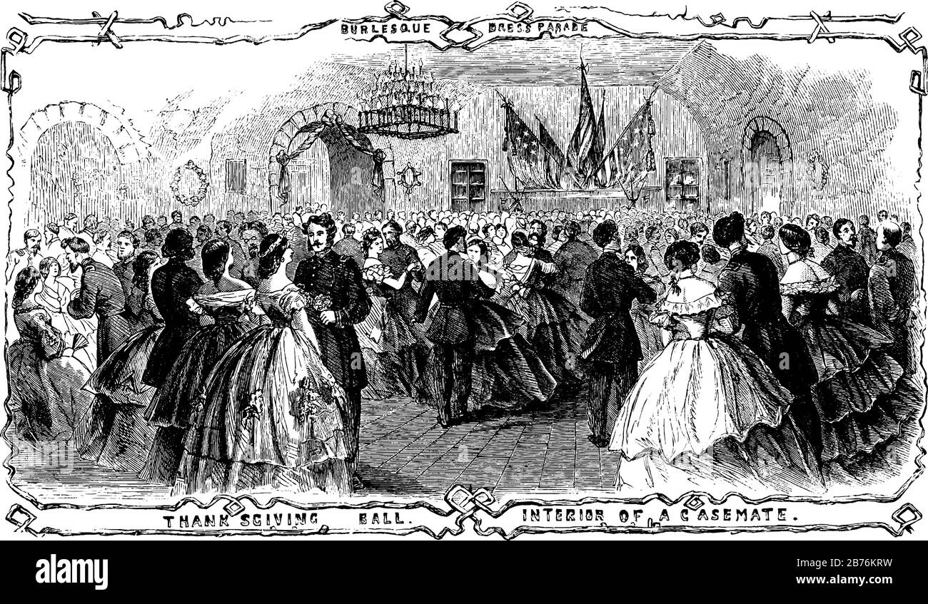 Ballo di ringraziamento mangiando i loro tacchini i soldati federali, è divertimento indulgato dentro a Fort Pulaski e fete dato dagli ufficiali del Quaranta-e. Illustrazione Vettoriale