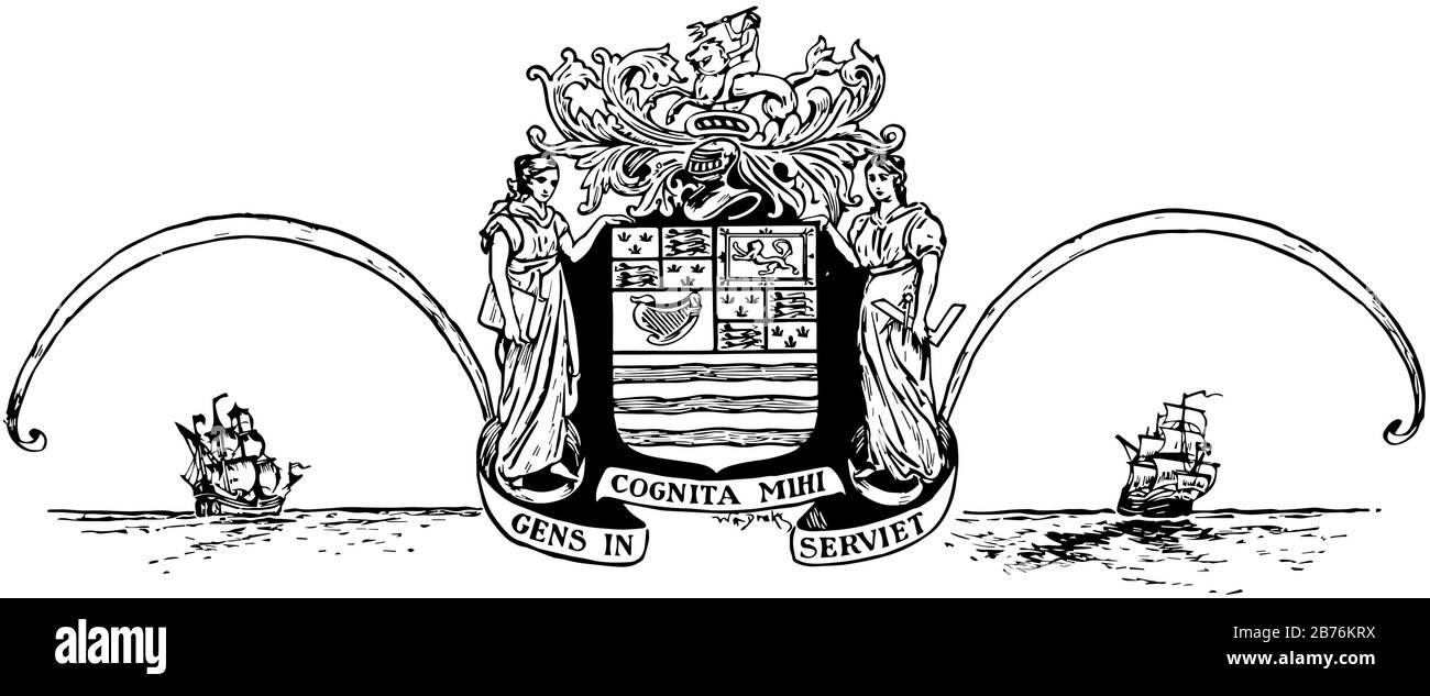 Il Sigillo del Consiglio del New England, ha scudo al centro e due donne in piedi su entrambi i lati, sopra quel cavaliere cavallo e sotto il mare Illustrazione Vettoriale Il Sigillo del Consiglio del New England, ha scudo al centro e due donne in piedi su entrambi i lati, sopra quel cavaliere cavallo e sotto il mare Illustrazione Vettoriale