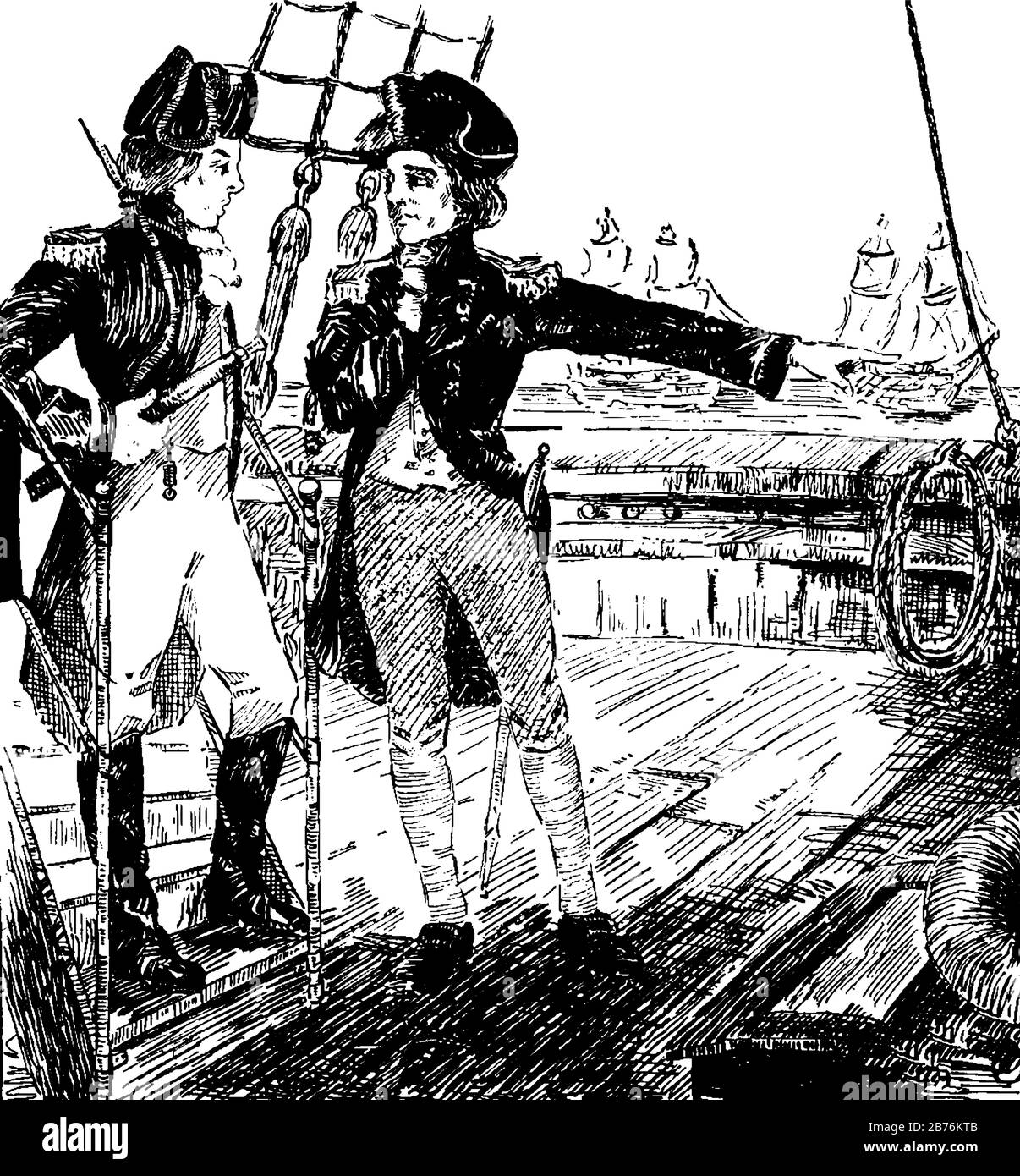 Due uomini in piedi nella nave in acqua e parlare, navi in background, linea d'epoca disegno o incisione illustrazione Illustrazione Vettoriale Due uomini in piedi nella nave in acqua e parlare, navi in background, linea d'epoca disegno o incisione illustrazione Illustrazione Vettoriale