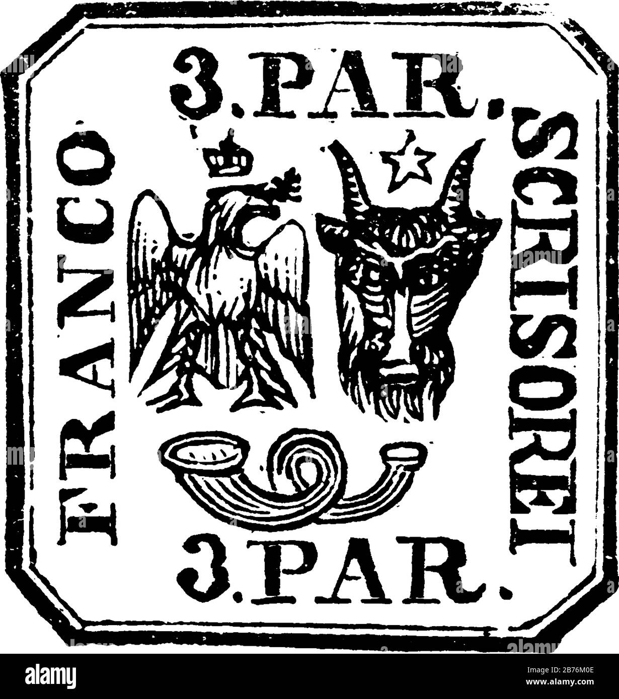 Roumania Stamp (3 paras) dal 1862, un piccolo pezzo adesivo di carta attaccato a qualcosa per mostrare una quantità di denaro pagato, principalmente un francobollo, vintag Illustrazione Vettoriale