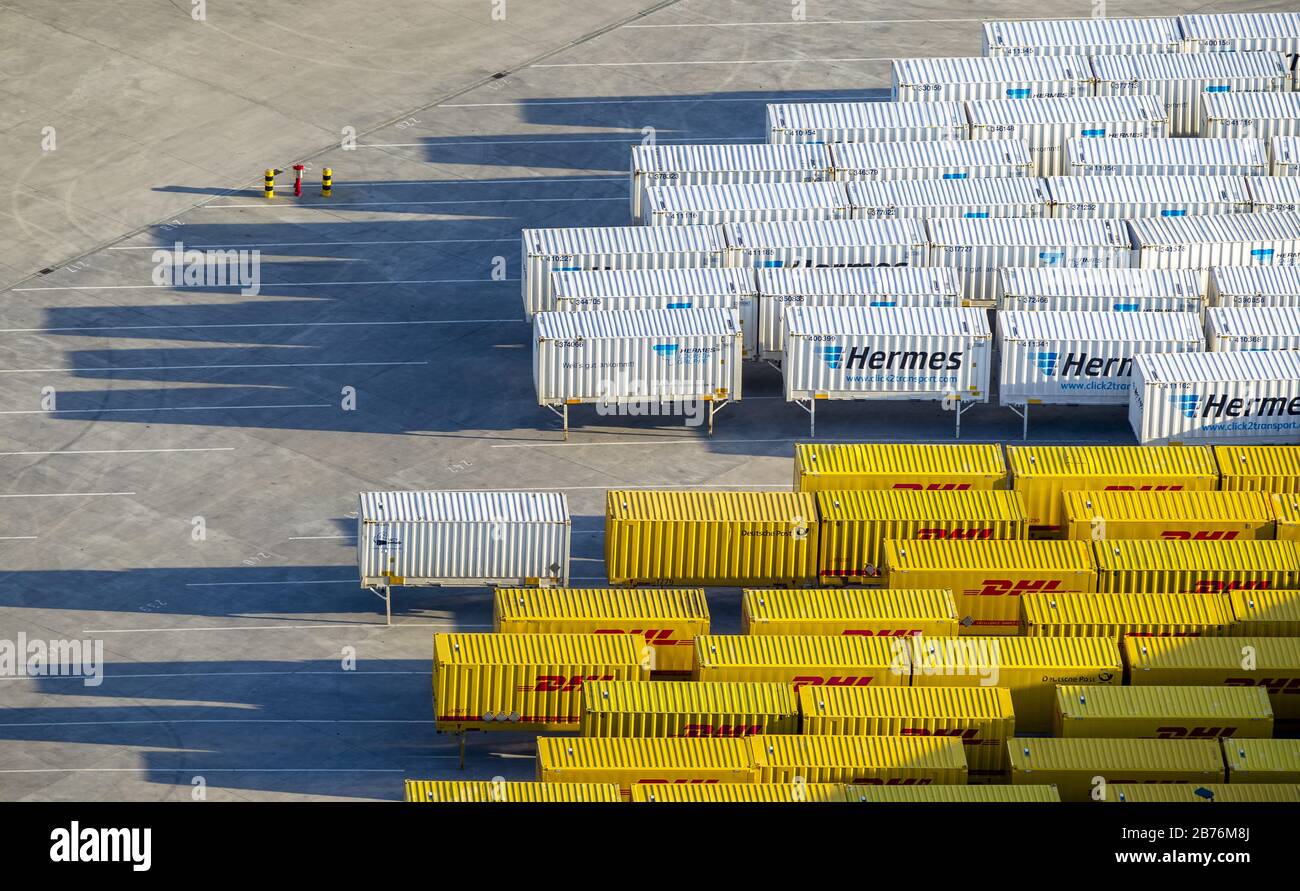 Camion-container-logistica azienda DHL rimorchi e semirimorchi Hermes in Hamm, 04.02.2014, vista aerea, Germania, Renania Settentrionale-Vestfalia, Ruhr Area, Hamm Foto Stock