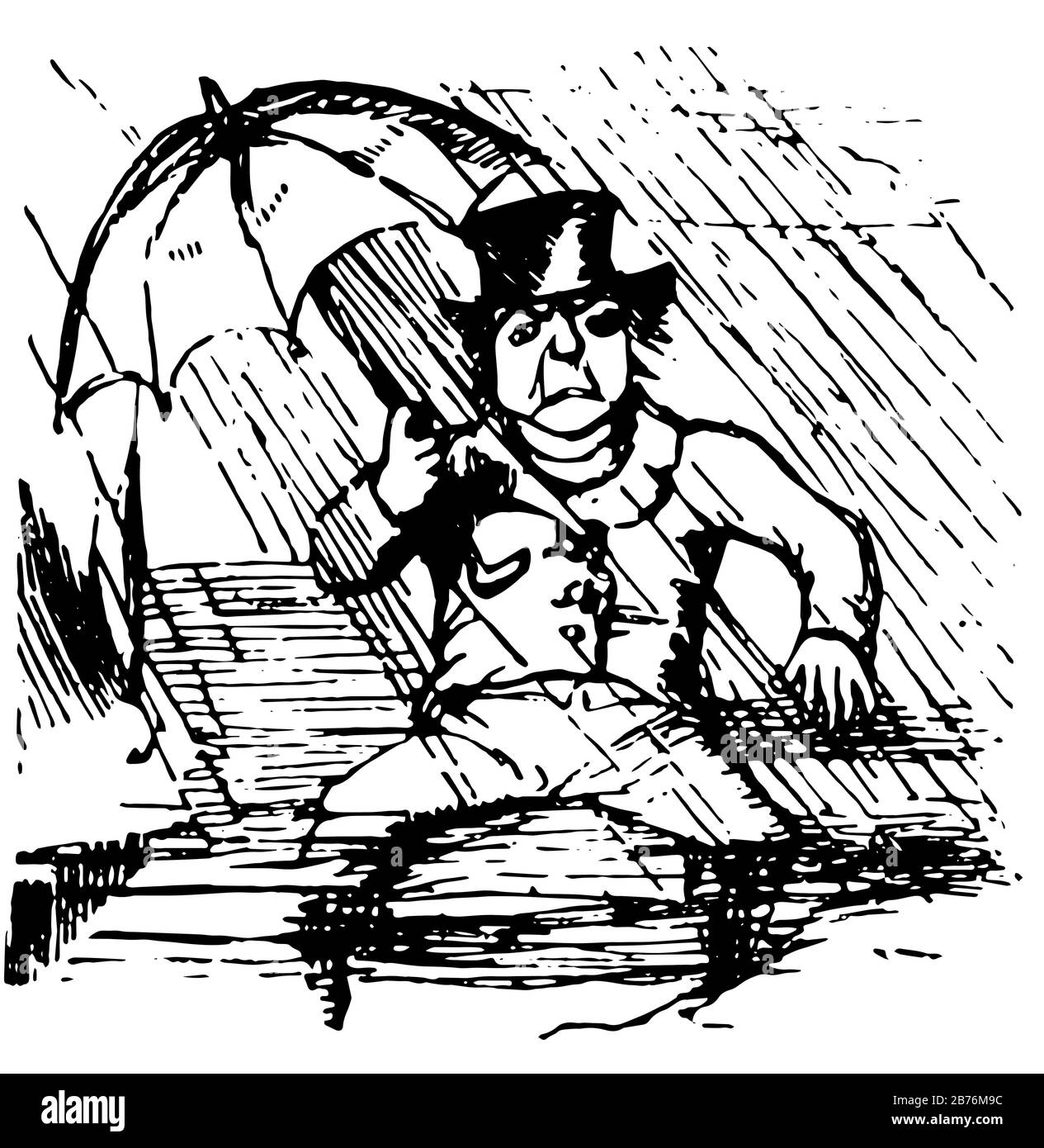 Dottore Foster, questa scena mostra un uomo seduto su panchina sotto ombrello sotto la pioggia, linea vintage disegno o incisione illustrazione Illustrazione Vettoriale