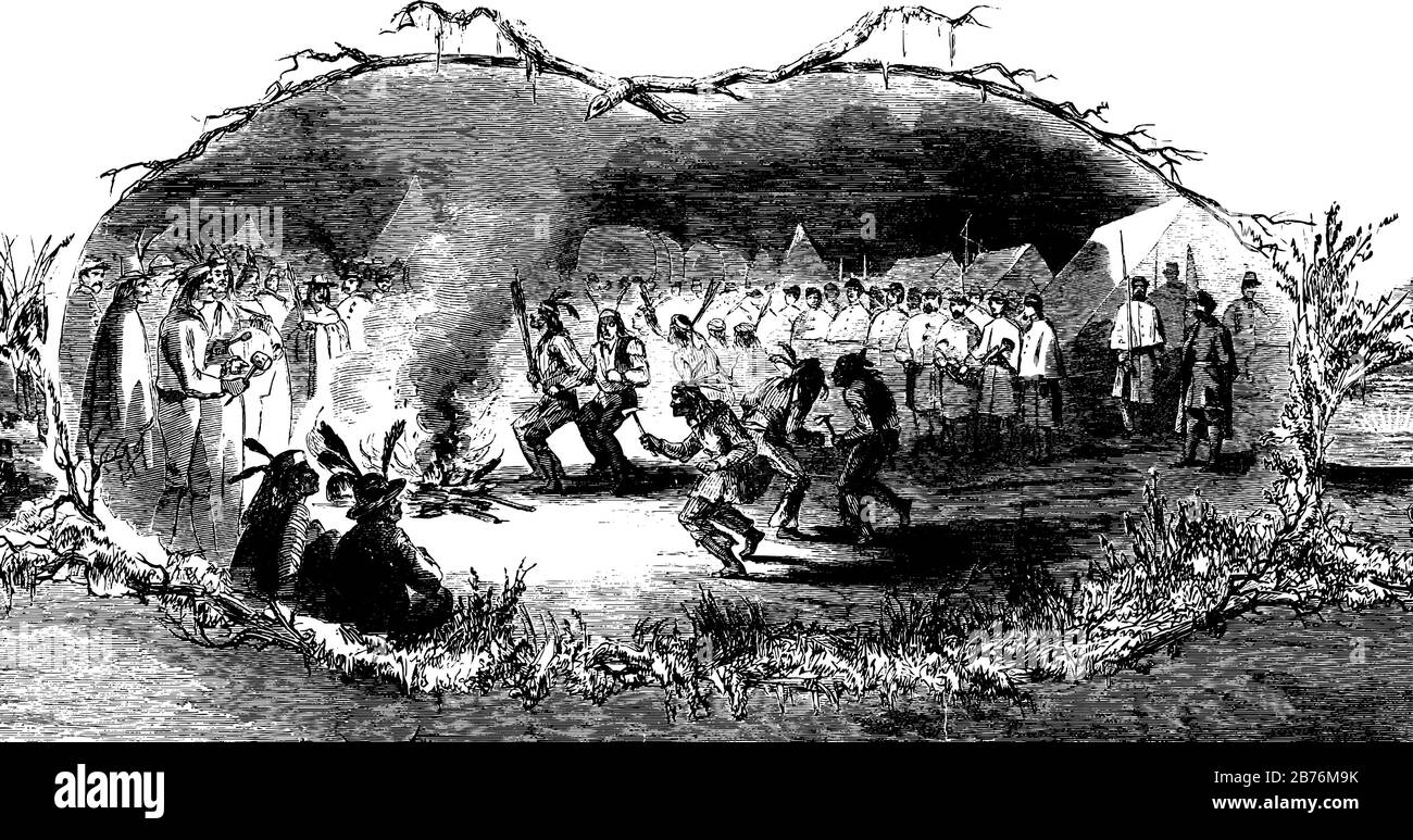 La danza di guerra è una scena più caratteristica e il suo rituale connesso con la guerra endemica e ci sono diverse culture possono essere eseguite, vintage line d Illustrazione Vettoriale