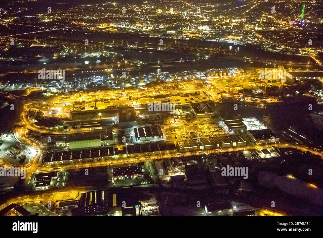 , zona del porto di Ruhr Duisport di notte, 13.12.2011, vista aerea, Germania, Nord Reno-Westfalia, Ruhr Area, Duisburg Foto Stock